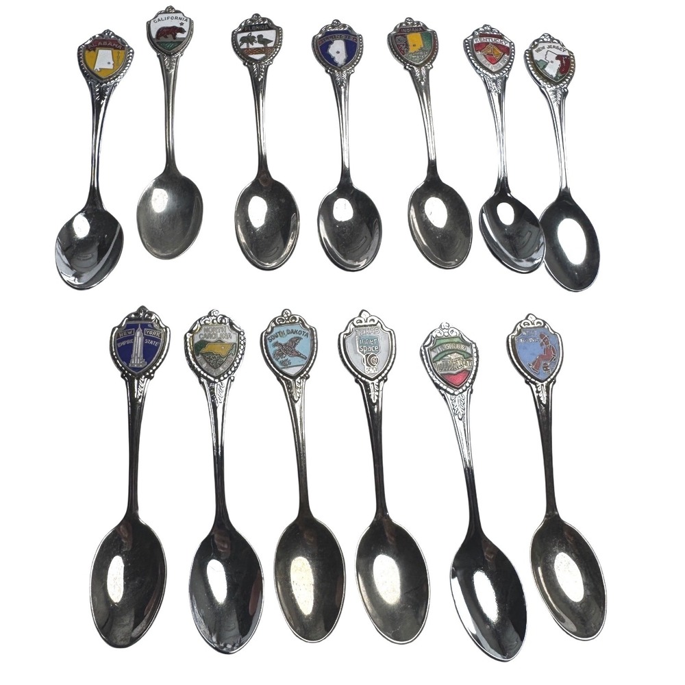 Vintage State Souvenir Spoon Lot Enamel Travel Collectible Silver Tone 13 PCs